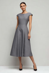 Grey A-Line Midi Work Dress with Cap Sleeves