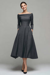 Dark Grey Bateau Neck A-Line Midi Dress with Pockets