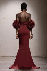 Burgundy Strapless Mermaid Maxi Gala Dress With Feathers