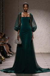 Dark Green A-Line Maxi Gala Dress With Puff Sleeves