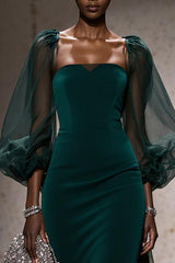 Dark Green A-Line Maxi Gala Dress With Puff Sleeves