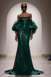 Sparkly Dark Green Strapless Mermaid Maxi Gala Dress With Puff Sleeves