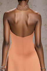 Halter Orange Beaded A-Line Satin Gala Dress With Slit