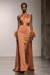 Orange One Shoulder A-Line Maxi Gala Dress With Feathers