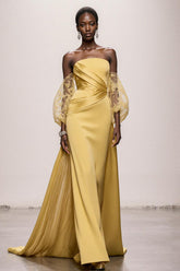 Daffodil Strapless Lace Gala Dress With Puff Sleeves
