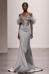 Silver Mermaid Off The Shoulder Gala Dress with Sequins