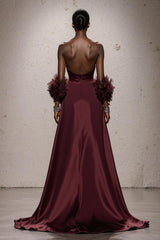 Burgundy A-Line Strapless Maxi Gala Dress (Without Feathers)