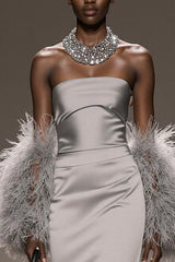 Strapless Mermaid Satin Silver Gala Dress (Without Feathers)
