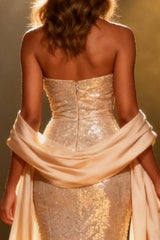 Champagne Strapless Mermaid Sequin Maxi Pageant Dress With Drape