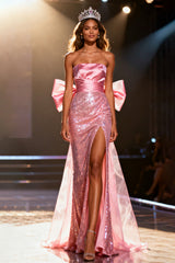 Sparkly Light Pink Strapless Bow Mermaid Pageant Dress With Slit