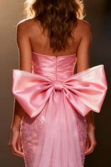 Sparkly Light Pink Strapless Bow Mermaid Pageant Dress With Slit