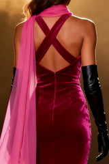 Fuchsia Velvet Mermaid Halter Pageant Dress With Slit