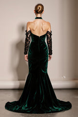 Dark Green Halter Velvet Mermaid Evening Dress (Without Sleeves)