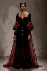 Burgundy Velvet Long Sleeve Evening Dress with Overlay