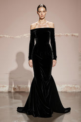 Off The Shoulder Velvet Black Mermaid Maxi Gala Dress with Long Sleeves