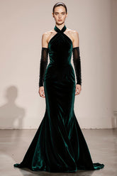 Velvet Halter Mermaid Dark Green Evening Dress