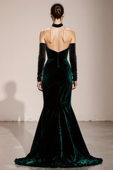 Velvet Halter Mermaid Dark Green Evening Dress