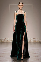 Velvet Dark Green A-Line Spaghetti Straps Evening Dress With Slit