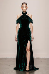 Dark Green Velvet Halter Maxi Evening Dress With Slit