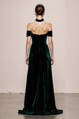 Dark Green Velvet Halter Maxi Evening Dress With Slit