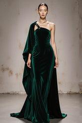 One Shoulder Velvet Dark Green Mermaid Evening Dress