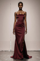 Burgundy Strapless Mermaid Evening Dress With Slit