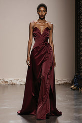 Strapless Burgundy A-Line Maxi Evening Dress