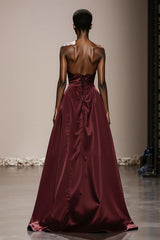 Strapless Burgundy A-Line Maxi Evening Dress