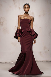 Strapless Mermaid Burgundy Maxi Evening Dress With Ruffles