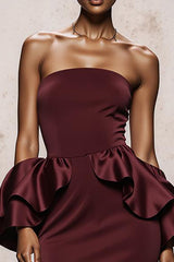 Strapless Mermaid Burgundy Maxi Evening Dress With Ruffles