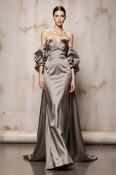 Silver Off The Shoulder Satin Maxi Evening Dress