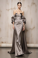 Silver Off The Shoulder Satin Maxi Evening Dress