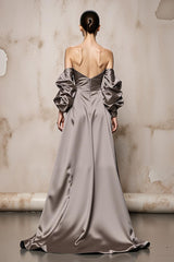 Silver Off The Shoulder Satin Maxi Evening Dress