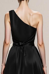 One Shoulder Black and White A-Line Maxi Evening Dress