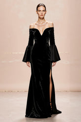 Black Off The Shoulder Flare Sleeve Velvet Evening Dress With Slit