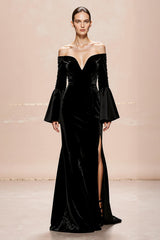 Black Off The Shoulder Flare Sleeve Velvet Evening Dress With Slit