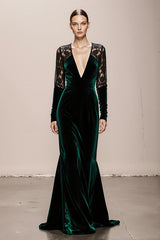 Mermaid Velvet Deep V-Neck Dark Green Evening Dress