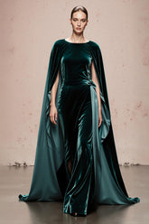Velvet Dark Green Maxi Evening Dress with Cloak