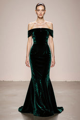 Mermaid Off The Shoulder Velvet Dark Green Evening Dress