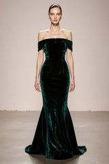 Mermaid Off The Shoulder Velvet Dark Green Evening Dress