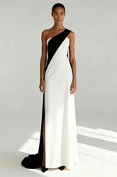 Black and White Sheath One Shoulder Formal Dress With Slit