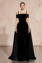 Black A-Line Velvet Cold Shoulder Maxi Evening Dress