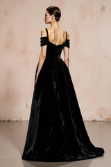 Black A-Line Velvet Cold Shoulder Maxi Evening Dress