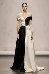 Off The Shoulder Black and White A-Line Evening Dress With Lace Up Back