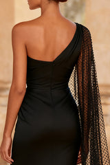 One Shoulder Mermaid Ruched Black Tie Dress With Slit