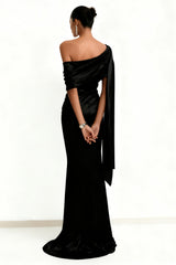 Black One Shoulder Mermaid Maxi Evening Dress With Sash
