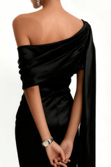 Black One Shoulder Mermaid Maxi Evening Dress With Sash