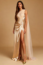 One Shoulder Satin Champagne Evening Dress With Slit