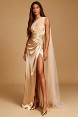 One Shoulder Satin Champagne Evening Dress With Slit