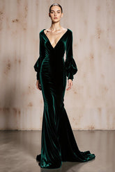 Dark Green Mermaid Velvet Maxi Evening Dress With Long Sleeves